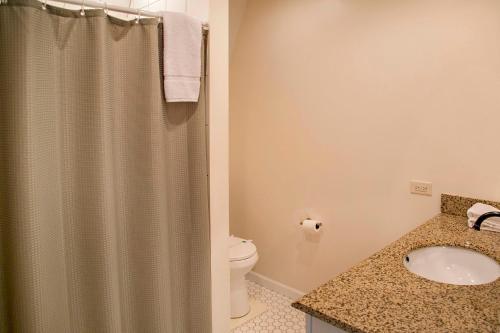 Un baño con ducha, lavabo e inodoro. en The Quiet Cove on Wood Road, en Bradford