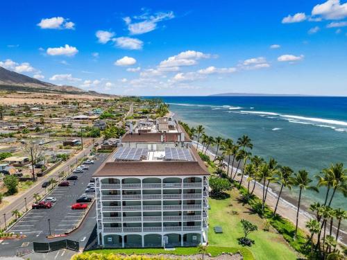 an aerial view of a hotel and the ocean at Lahaina Shores 607 · LS 607 Beachfront Remodeled Studio Stunnin in Lahaina