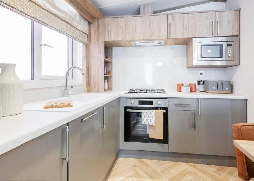 a kitchen with stainless steel appliances and a sink at Aber Bay Holiday Park in Aberystwyth