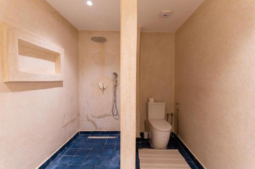 a bathroom with a toilet and a blue tile floor at NJ House in Tangier