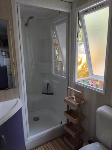 a shower in a small bathroom with a window at Mobil-home à 11km d'Europa Park via le bac in Boofzheim