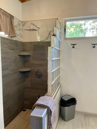 a bathroom with a shower with a toilet and a window at Casa de Teak in Savegre