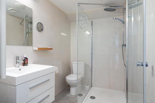 a bathroom with a shower and a toilet and a sink at Fries Vakantiehuis, grote tuin, nabij het Pikmeer in Grou