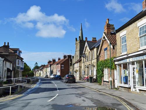 an empty street in a small town with buildings at Cherry Blossom in Thornton Dale