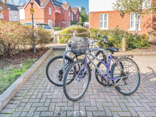 two bikes parked next to each other on a brick sidewalk at Forest Acorn in Brockenhurst