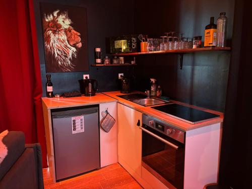 a small kitchen with a stove and a sink at La Sainteny Touch in Sainteny