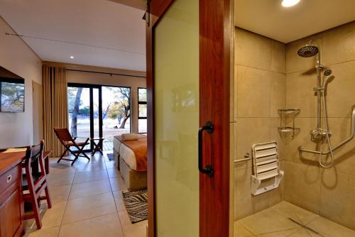 a bathroom with a shower and a walk in shower at Hwange Safari Lodge in Dete