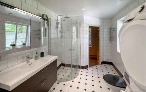 a bathroom with a sink and a shower and a toilet at Pet Friendly Home In Bolmsö With Sauna in Bolmsö
