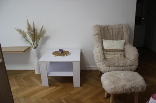 a living room with a chair and a table at ABC Homestay in Golčŭv Jeníkov