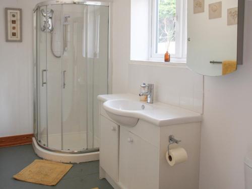 a bathroom with a sink and a shower at Haycart Barn in Long Stratton
