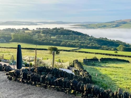 a group of animals on a gravel road with a field at Kinder in Mellor