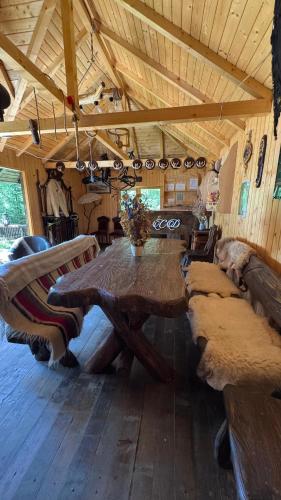 a large wooden table and chairs in a room at Conacul Dascălu in Trăisteni