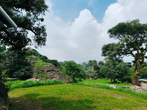 a grassy field with trees and rocks in the distance at Virasat Villa in Mount Ābu