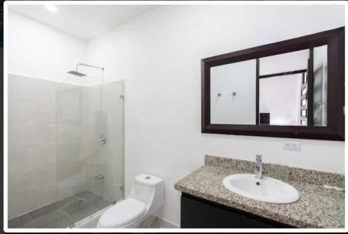 a bathroom with a toilet and a sink and a mirror at Havana Jaco in Jacó