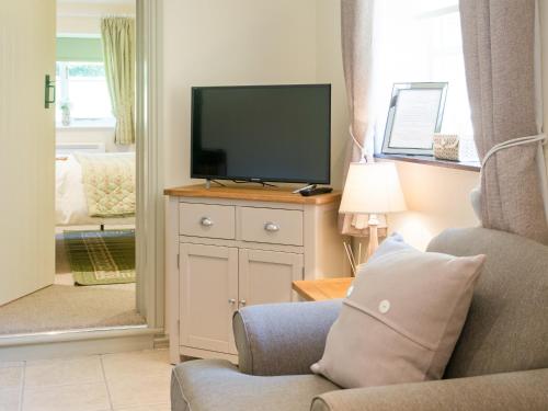 a living room with a tv and a chair at Cherry Blossom in Thornton Dale
