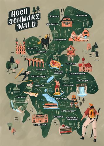 an illustration of a map ofhungary and its attractions at Alpina Löwen Hotel in Sankt Märgen