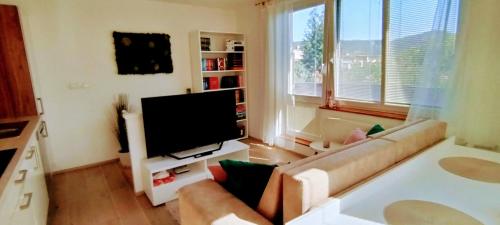 a living room with a couch and a flat screen tv at Apartmán Slunečná in Moravská Třebová