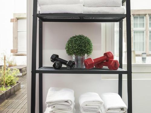 a shelf with towels and a plant on a balcony at Aparthotel Adagio Strasbourg Place Kleber in Strasbourg