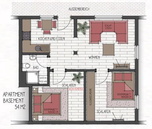 a floor plan of a house with red at Villa Backstein OBO19 in Schwerin