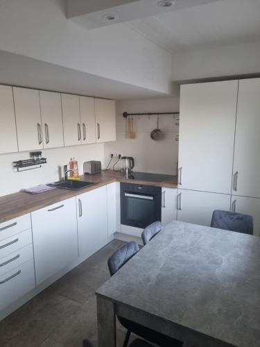 a kitchen with white cabinets and a table with chairs at Villa Backstein OBO19 in Schwerin
