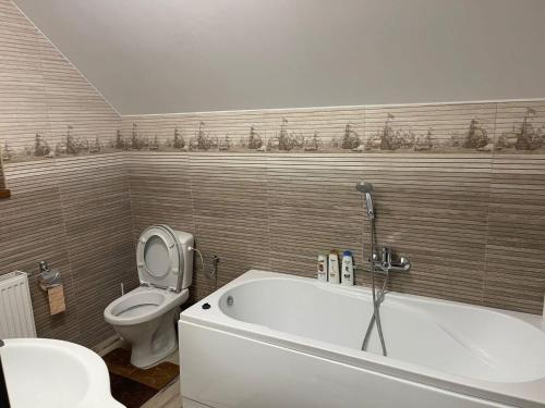 a bathroom with a bath tub and a toilet at Vila Cantacuzino in Buşteni