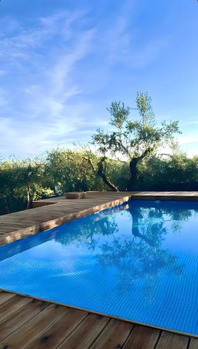 a swimming pool with a wooden deck and blue water at Il Piccolo Borgo for 7 guests in Certaldo