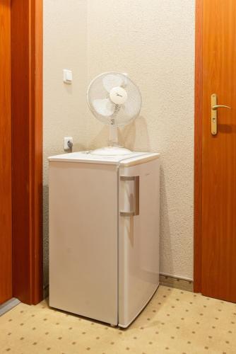 a white refrigerator with a fan on top of it at Inza Guest House in Druskininkai