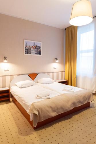 a large bed in a bedroom with a large window at Inza Guest House in Druskininkai