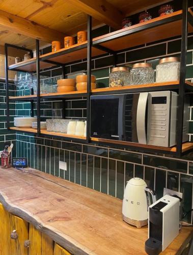 a kitchen with a counter top with a microwave at Ekemai in Ñorquín