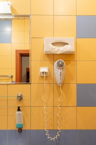 a bathroom with a blow dryer hanging on a wall at Inza Guest House in Druskininkai