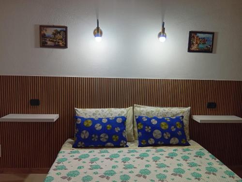 a bed with two blue pillows in a bedroom at Casa vacanze dell' Abbaddu 3 in Sassari