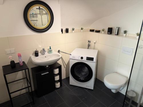 Un baño con lavadora y lavabo. en Cozy Castle Königstein - Moderne 69 qm Unterkunft, en Königstein