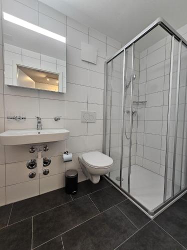a bathroom with a shower and a toilet and a sink at Cosy private room in Lausanne center in Lausanne