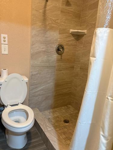 a bathroom with a toilet and a shower at SE'Air Motel By Townhouse Corpus Christi - Padre Island Tx in Corpus Christi