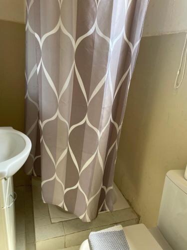 a shower curtain in a bathroom with a sink at Antilia apartment 1 in Agios Georgios