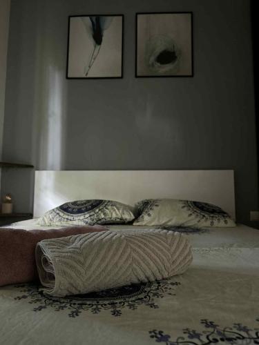 a bed with two pillows on it in a bedroom at napartmentss in Pristina