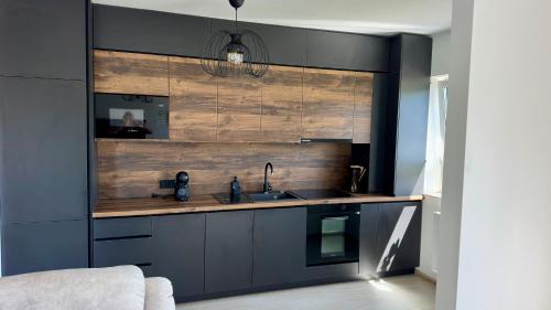 a kitchen with a sink and a wooden wall at Meridian Suite in Sighişoara