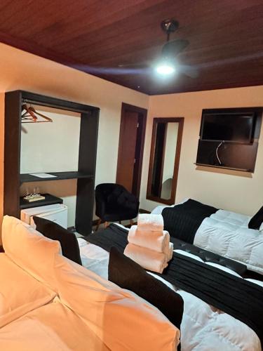 a room with two beds and a television in it at Chalés do Figa in Visconde De Maua