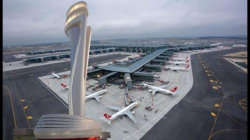 Una vista de un aeropuerto con aviones estacionados en la pista. en BZN Airport Hotel, en Arnavutköy