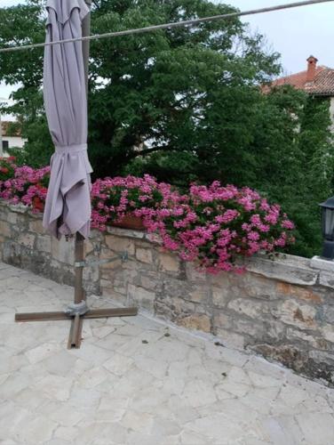 an umbrella sitting on a stone wall with pink flowers at Appartment Plaza in Krnica