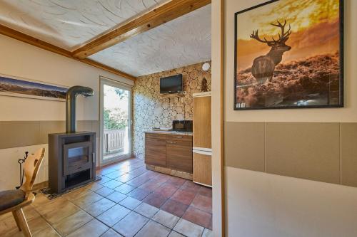 a kitchen with a fireplace and a painting of a deer at Apartments Enzian in Rauris