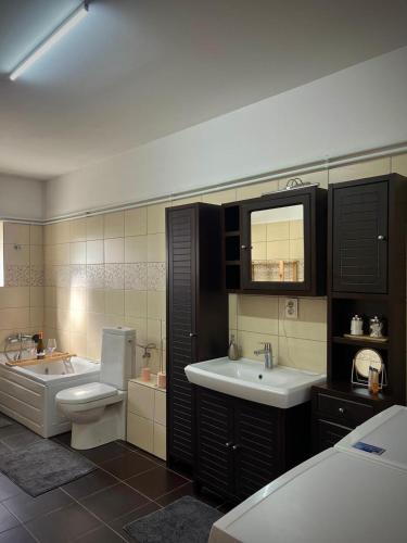 a bathroom with a toilet and a sink and a tub at B&B House in Obreja