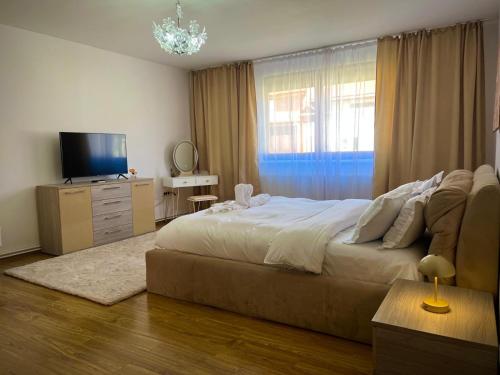 a bedroom with a large bed and a television at B&B House in Obreja