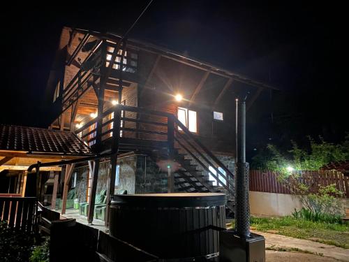 a house with a staircase on the side of it at night at Perla Lacului in Rişca