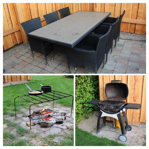 two pictures of a table and a grill and a chair at Shelterliv med luksus, nærvær og vildmarksbad in Flemming