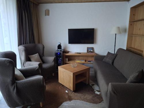 a living room with a couch and chairs and a tv at CHALET ASKALA JASNÁ in Demanovska Dolina
