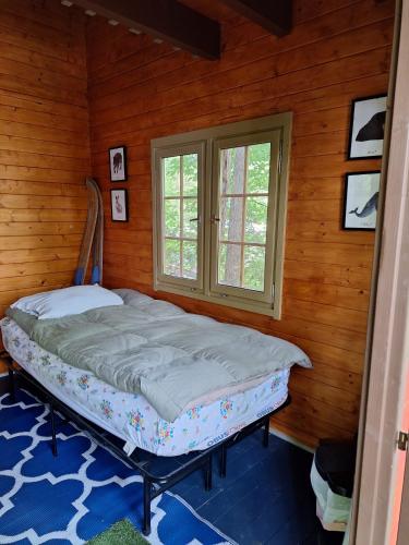 a bed in a room with a window at Shelley' Bay Bunkie 1 in Sharbot Lake