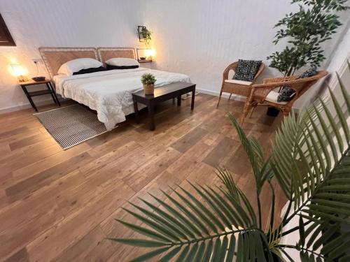 a bedroom with a bed and a table and a chair at Finca Jardín del Norte in Gáldar