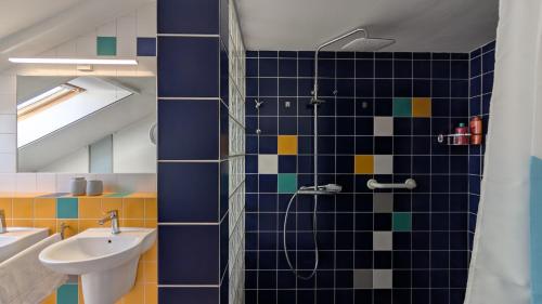 a bathroom with a shower and a sink at Malt & Monarch Apartment in Bratislava