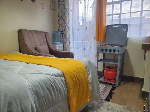 a bedroom with a bed and a tv in it at Blissful Suite, Studio BNB at Kamakis, Ruiru- in Ruiru